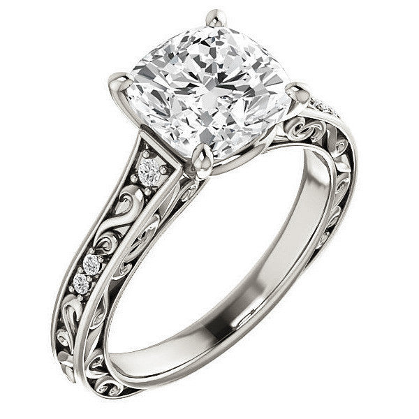 Cushion cut Moissanite Engagement Ring with Floral Accents