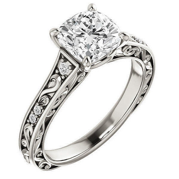 Cushion cut Moissanite Engagement Ring with Floral Accents