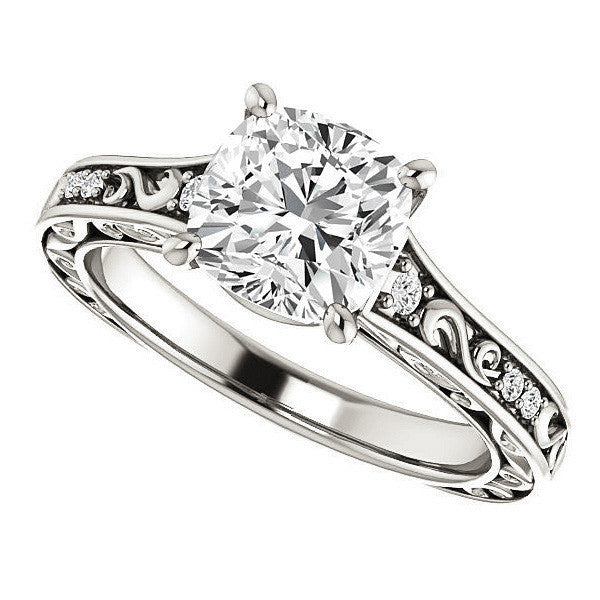 Cushion cut Moissanite Engagement Ring with Floral Accents