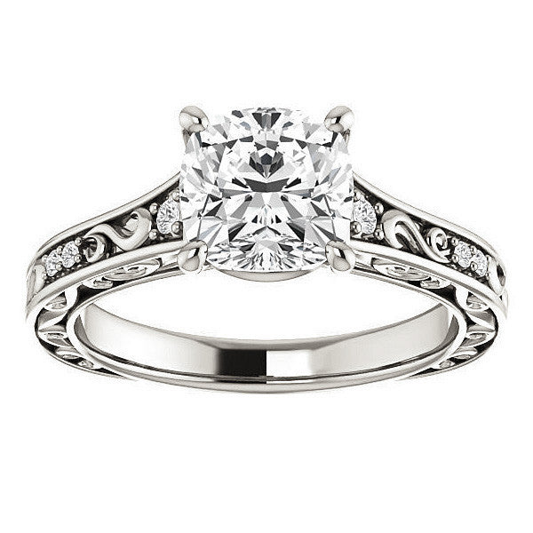 Cushion cut Moissanite Engagement Ring with Floral Accents