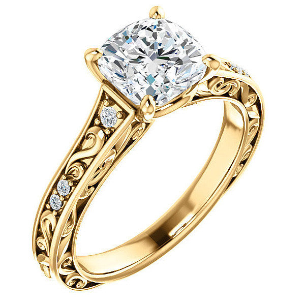 Cushion cut Moissanite Engagement Ring with Floral Accents