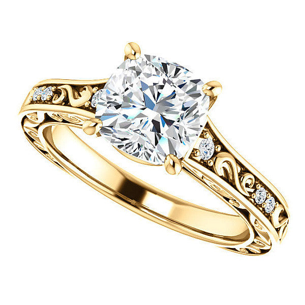 Cushion cut Moissanite Engagement Ring with Floral Accents