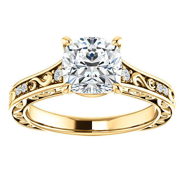 Cushion cut Moissanite Engagement Ring with Floral Accents