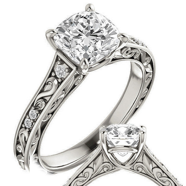 Cushion cut Moissanite Engagement Ring with Floral Accents