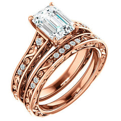 Emerald / Radiant cut Moissanite Engagement Ring with Floral Accents and side stones