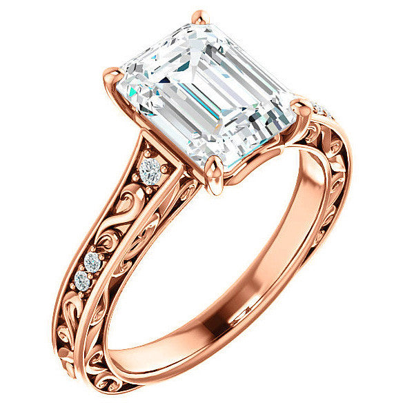 Emerald / Radiant cut Moissanite Engagement Ring with Floral Accents and side stones