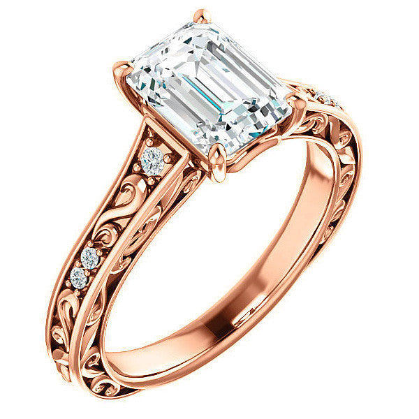 Emerald / Radiant cut Moissanite Engagement Ring with Floral Accents and side stones