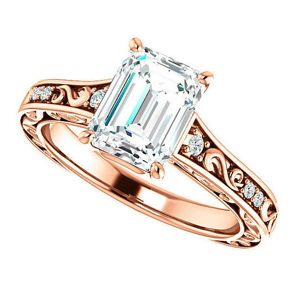 Emerald / Radiant cut Moissanite Engagement Ring with Floral Accents and side stones
