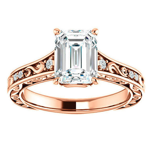 Emerald / Radiant cut Moissanite Engagement Ring with Floral Accents and side stones