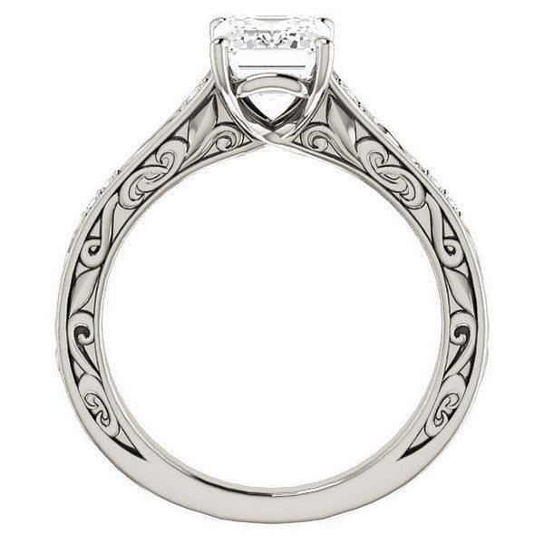 Emerald / Radiant cut Moissanite Engagement Ring with Floral Accents and side stones