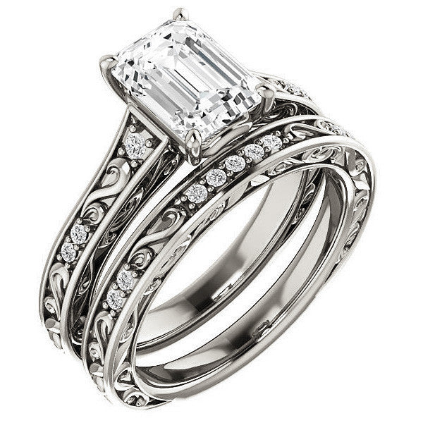 Emerald / Radiant cut Moissanite Engagement Ring with Floral Accents and side stones