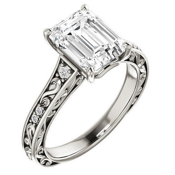 Emerald / Radiant cut Moissanite Engagement Ring with Floral Accents and side stones