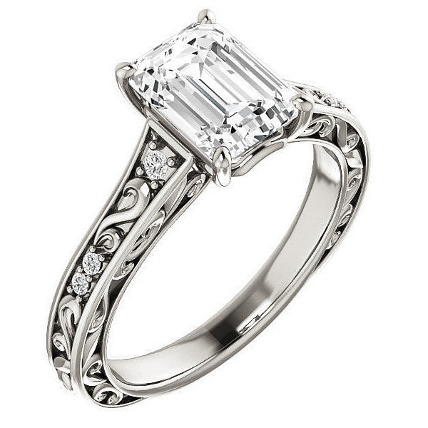 Emerald / Radiant cut Moissanite Engagement Ring with Floral Accents and side stones
