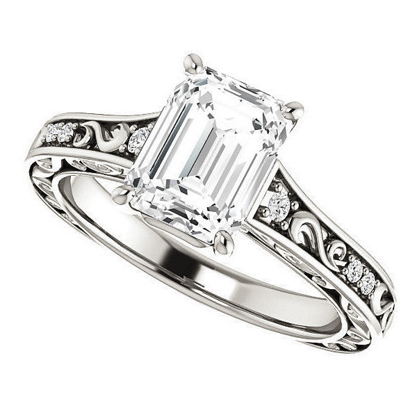 Emerald / Radiant cut Moissanite Engagement Ring with Floral Accents and side stones