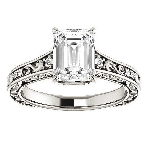 Emerald / Radiant cut Moissanite Engagement Ring with Floral Accents and side stones