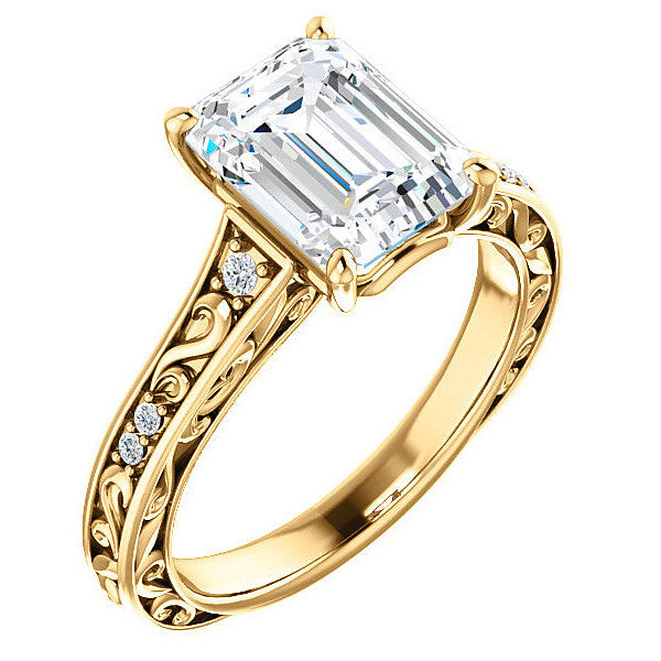 Emerald / Radiant cut Moissanite Engagement Ring with Floral Accents and side stones