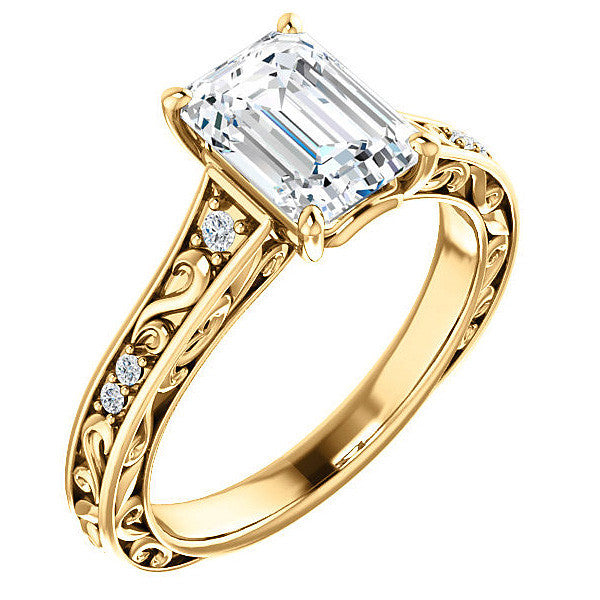 Emerald / Radiant cut Moissanite Engagement Ring with Floral Accents and side stones