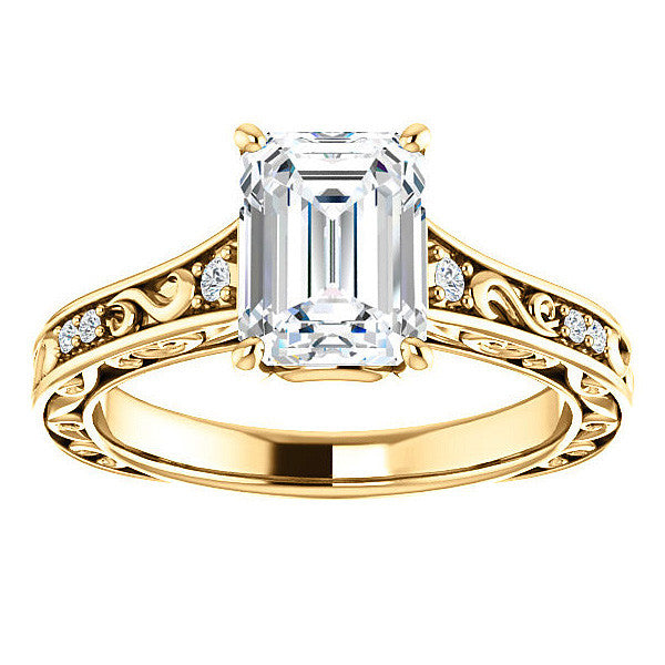 Emerald / Radiant cut Moissanite Engagement Ring with Floral Accents and side stones