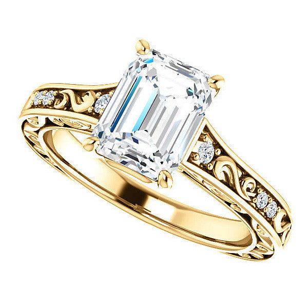 Emerald / Radiant cut Moissanite Engagement Ring with Floral Accents and side stones