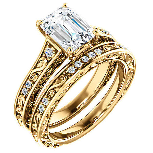 Emerald / Radiant cut Moissanite Engagement Ring with Floral Accents and side stones