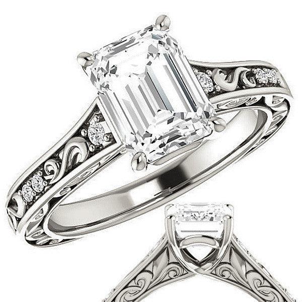 Emerald / Radiant cut Moissanite Engagement Ring with Floral Accents and side stones