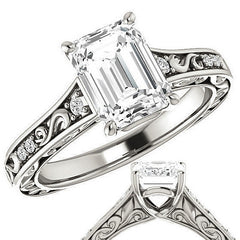 Emerald / Radiant cut Moissanite Engagement Ring with Floral Accents and side stones