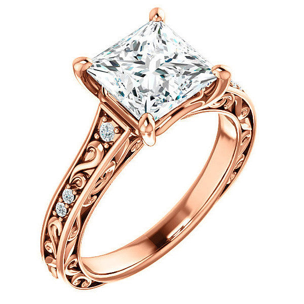 Princess Moissanite Engagement Ring with Floral Design