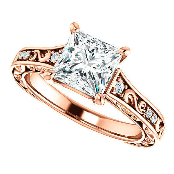 Princess Moissanite Engagement Ring with Floral Design