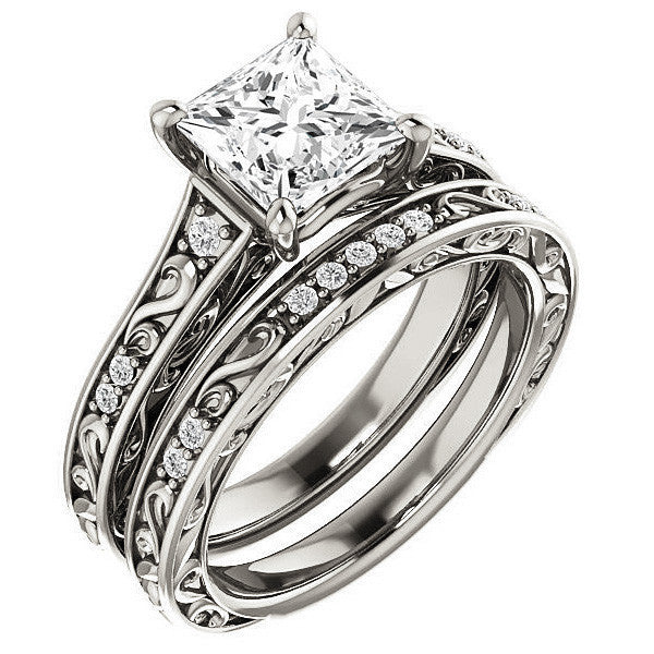 Princess Moissanite Engagement Ring with Floral Design