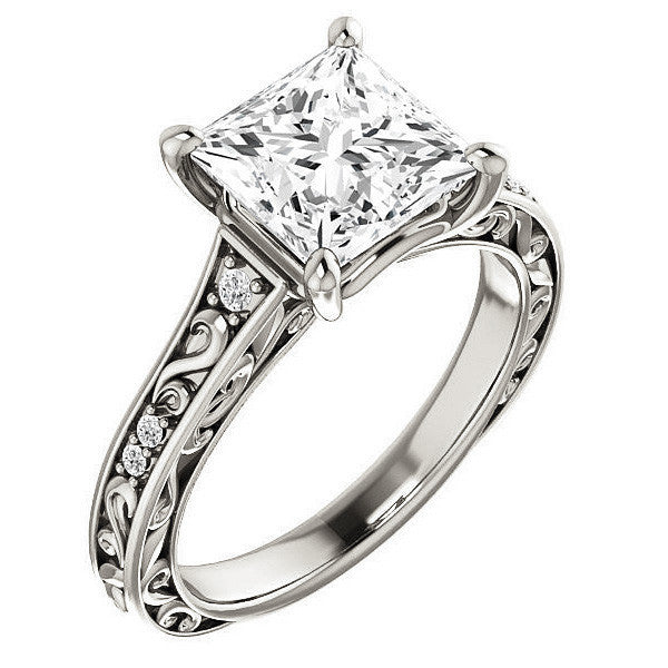 Princess Moissanite Engagement Ring with Floral Design