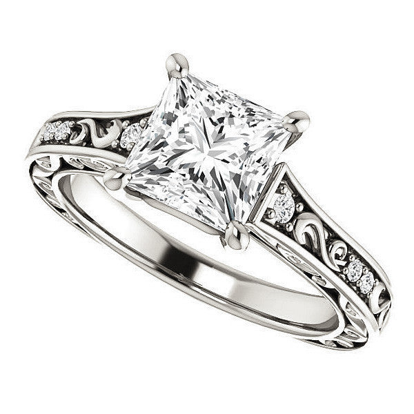 Princess Moissanite Engagement Ring with Floral Design