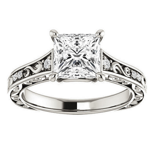 Princess Moissanite Engagement Ring with Floral Design