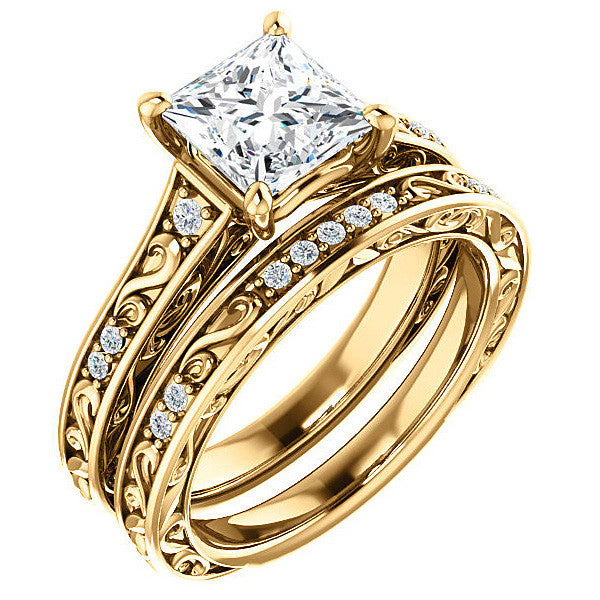 Princess Moissanite Engagement Ring with Floral Design