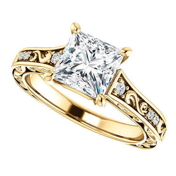 Princess Moissanite Engagement Ring with Floral Design