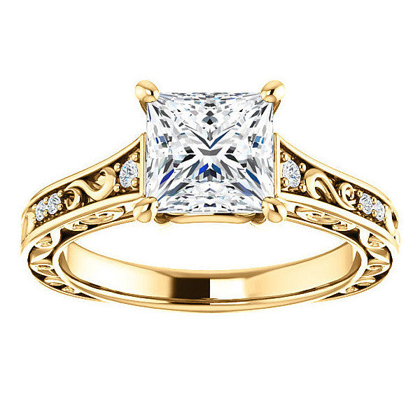 Princess Moissanite Engagement Ring with Floral Design