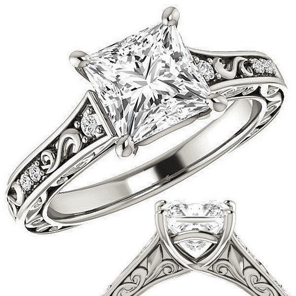 Princess Moissanite Engagement Ring with Floral Design