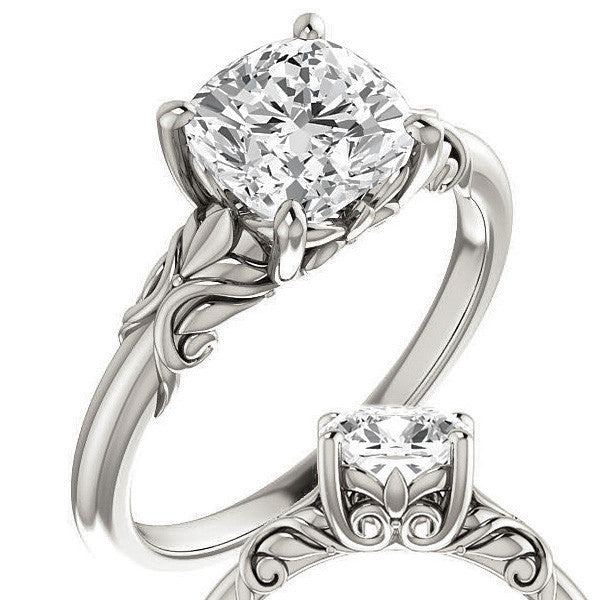Cushion cut Moissanite Floral Design Solitaire Ring
