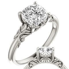 Cushion cut Moissanite Floral Design Solitaire Ring