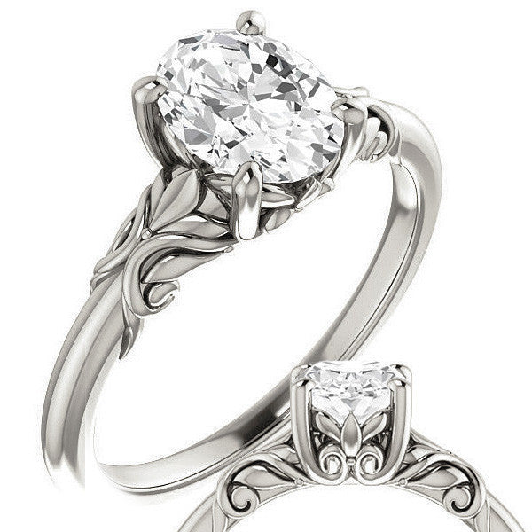Oval Moissanite Engagement Ring with Floral Design