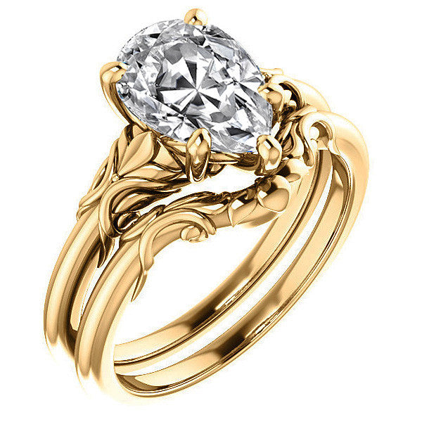 Pear cut Moissanite Engagement Ring with Floral Accents