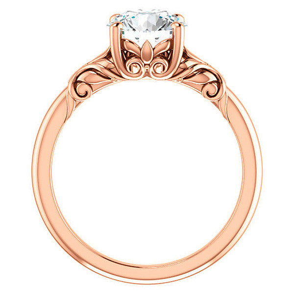 Round Moissanite Solitaire Engagement Ring with Floral Accents