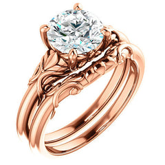 Round Moissanite Solitaire Engagement Ring with Floral Accents
