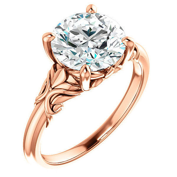 Round Moissanite Solitaire Engagement Ring with Floral Accents