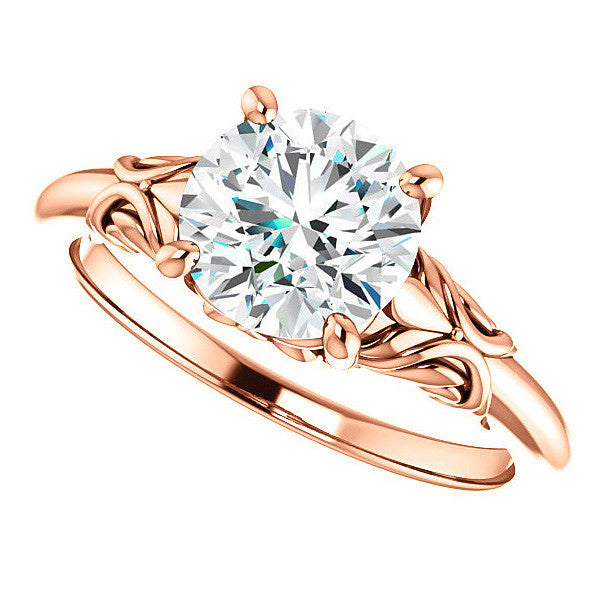 Round Moissanite Solitaire Engagement Ring with Floral Accents