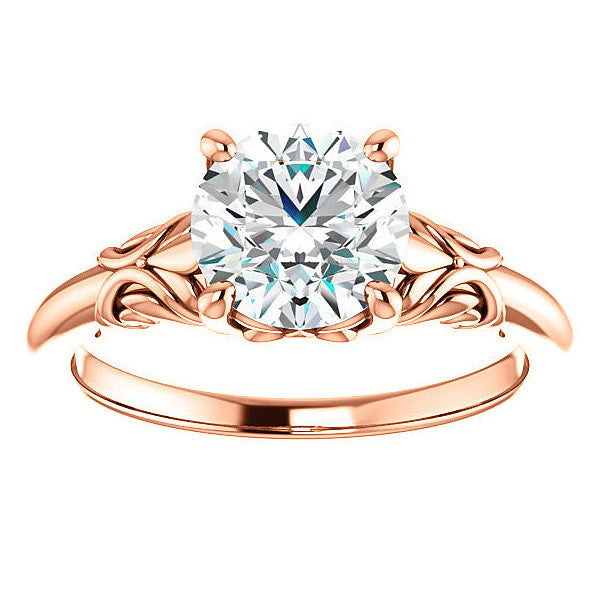 Round Moissanite Solitaire Engagement Ring with Floral Accents