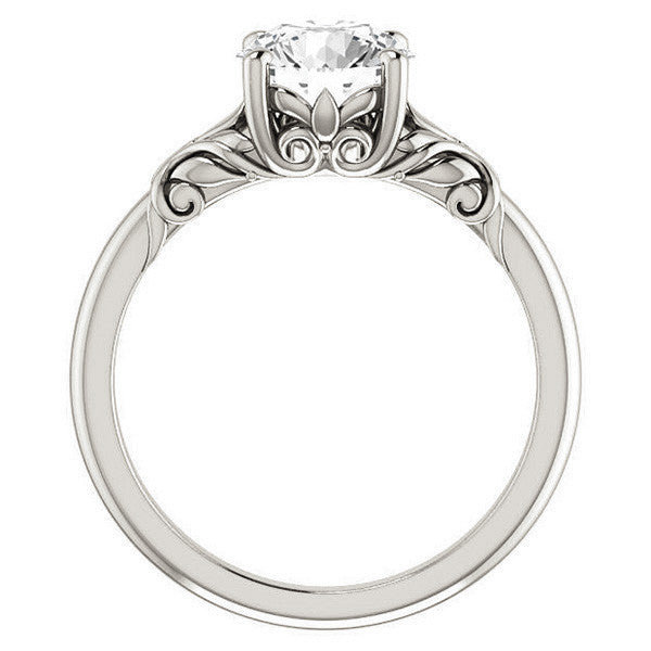 Round Moissanite Solitaire Engagement Ring with Floral Accents