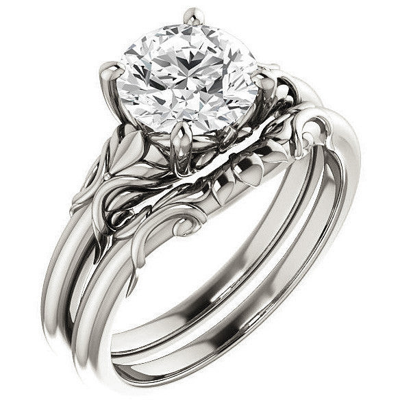 Round Moissanite Solitaire Engagement Ring with Floral Accents