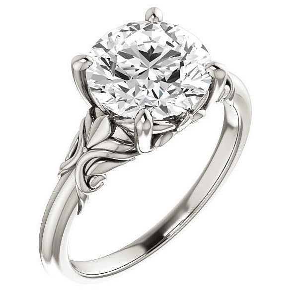 Round Moissanite Solitaire Engagement Ring with Floral Accents