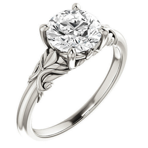 Round Moissanite Solitaire Engagement Ring with Floral Accents