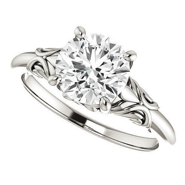 Round Moissanite Solitaire Engagement Ring with Floral Accents